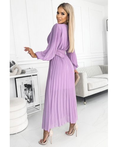Rochie lunga plisata din chiffon lila cu maneca lunga vaporoasa Vaneira Rochii de zi, Rochie lunga plisata din chiffon lila cu maneca lunga vaporoasa Vaneira - jojofashion.ro
