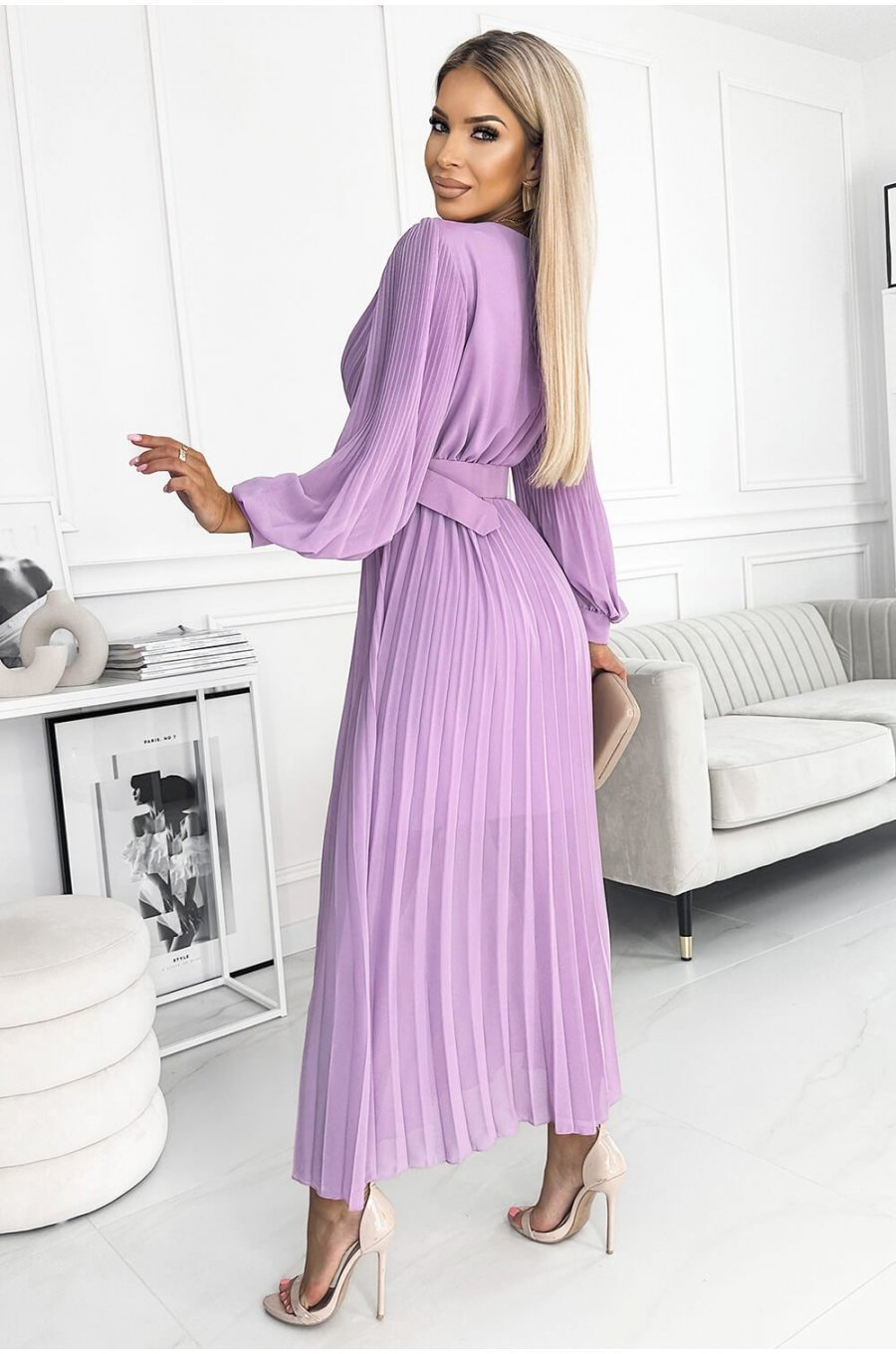 Rochie lunga plisata din chiffon lila cu maneca lunga vaporoasa Vaneira 2 - jojofashion.ro