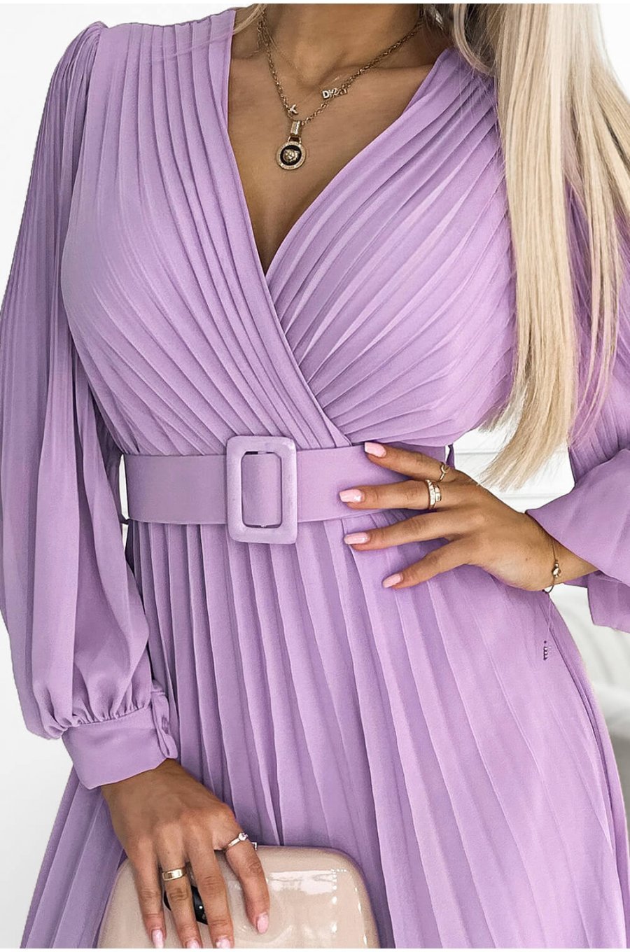 Rochie lunga plisata din chiffon lila cu maneca lunga vaporoasa Vaneira 4 - jojofashion.ro