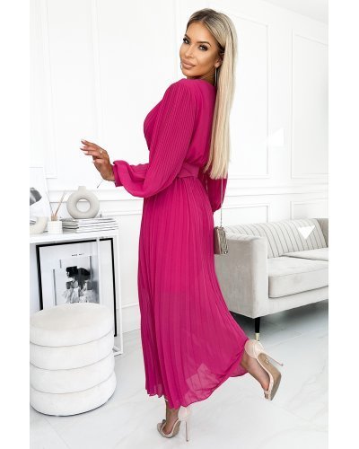 Rochie lunga plisata din chiffon roz zmeura cu maneca lunga vaporoasa Vaneira Rochii lungi, Rochie lunga plisata din chiffon roz zmeura cu maneca lunga vaporoasa Vaneira - jojofashion.ro