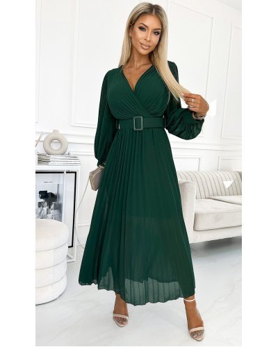 Rochie lunga verde smarald plisata din chiffon cu maneca lunga vaporoasa Vaneira Rochii lungi, Rochie lunga verde smarald plisata din chiffon cu maneca lunga vaporoasa Vaneira - jojofashion.ro