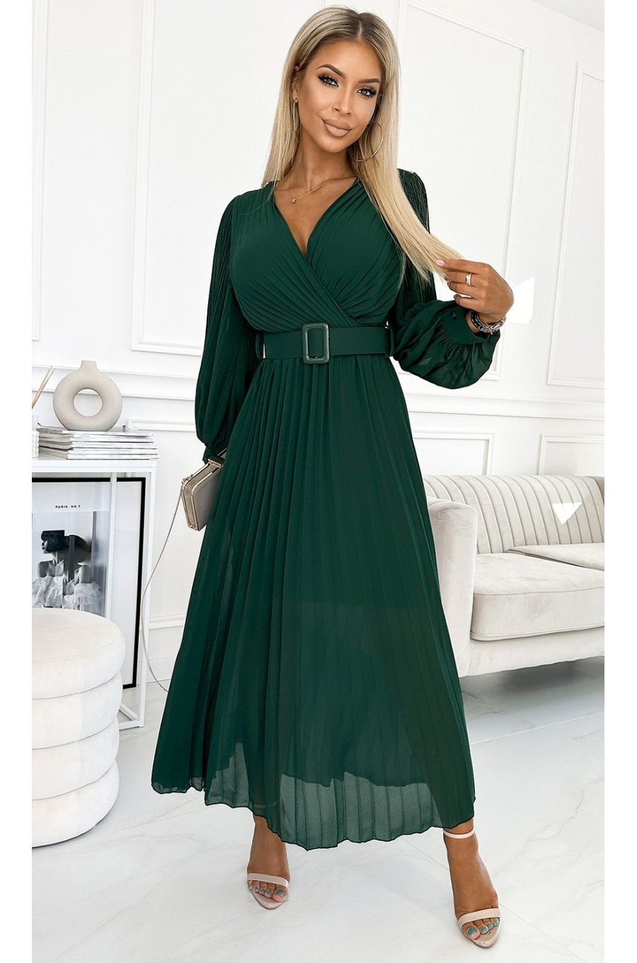 Rochie eleganta plisata lunga, din chiffon verde smarald, cu maneca lunga, vaporoasa, Vaneira 1 - jojofashion.ro