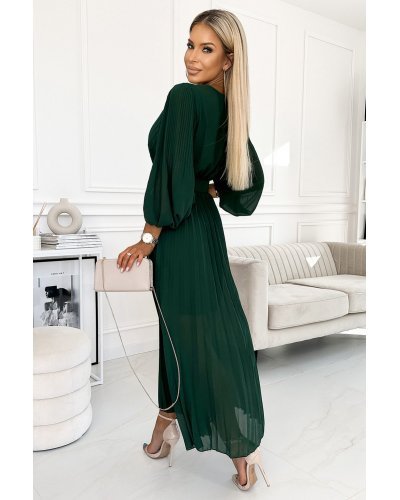 Rochie lunga verde smarald plisata din chiffon cu maneca lunga vaporoasa Vaneira Rochii lungi, Rochie lunga verde smarald plisata din chiffon cu maneca lunga vaporoasa Vaneira - jojofashion.ro