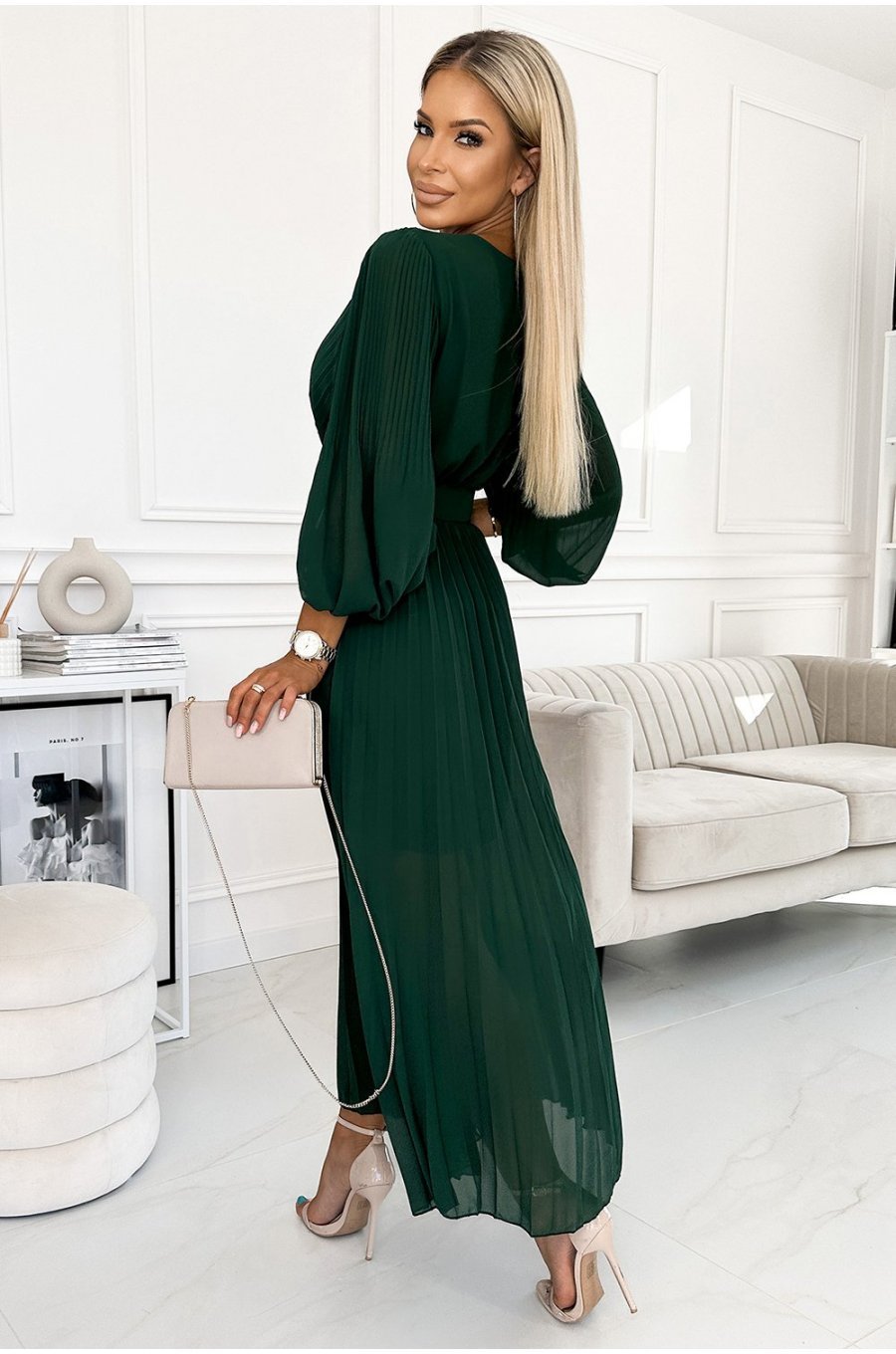 Rochie lunga verde smarald plisata din chiffon cu maneca lunga vaporoasa Vaneira 2 - jojofashion.ro