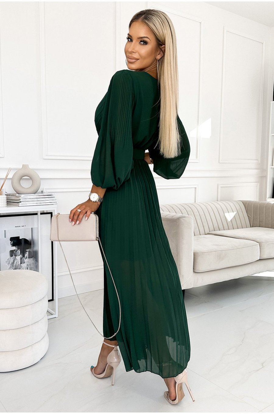 Rochie eleganta plisata lunga, din chiffon verde smarald, cu maneca lunga, vaporoasa, Vaneira 2 - jojofashion.ro