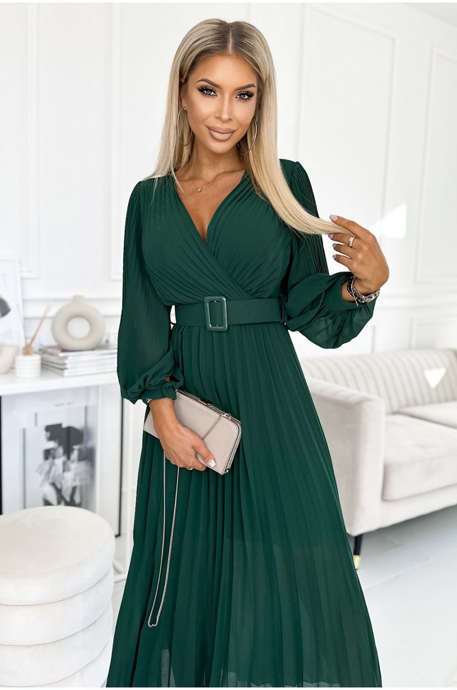 Rochie eleganta plisata lunga, din chiffon verde smarald, cu maneca lunga, vaporoasa, Vaneira 3 - jojofashion.ro