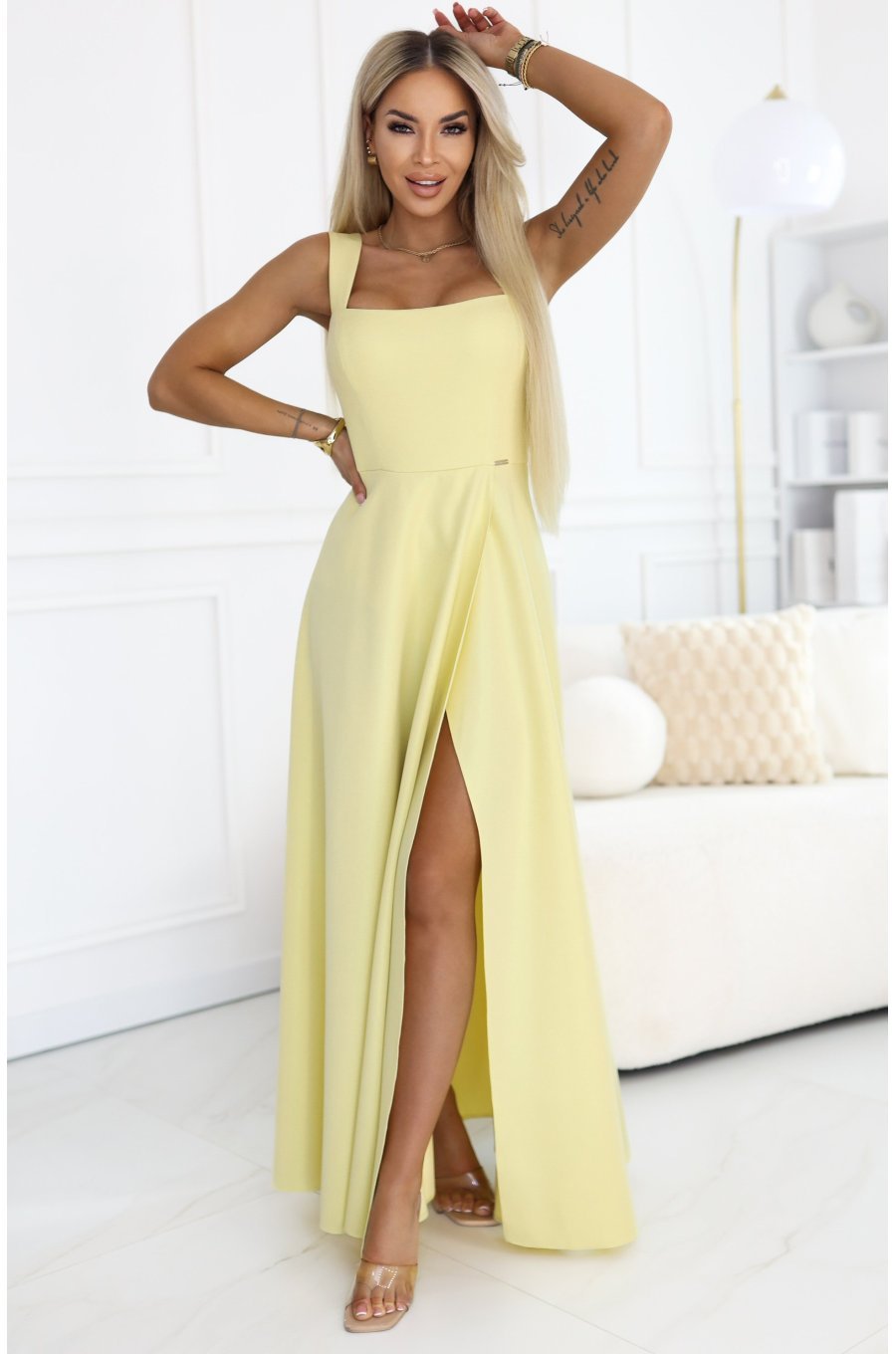 Rochie galbena eleganta lunga din brocart evazata AureliaN 1 - jojofashion.ro