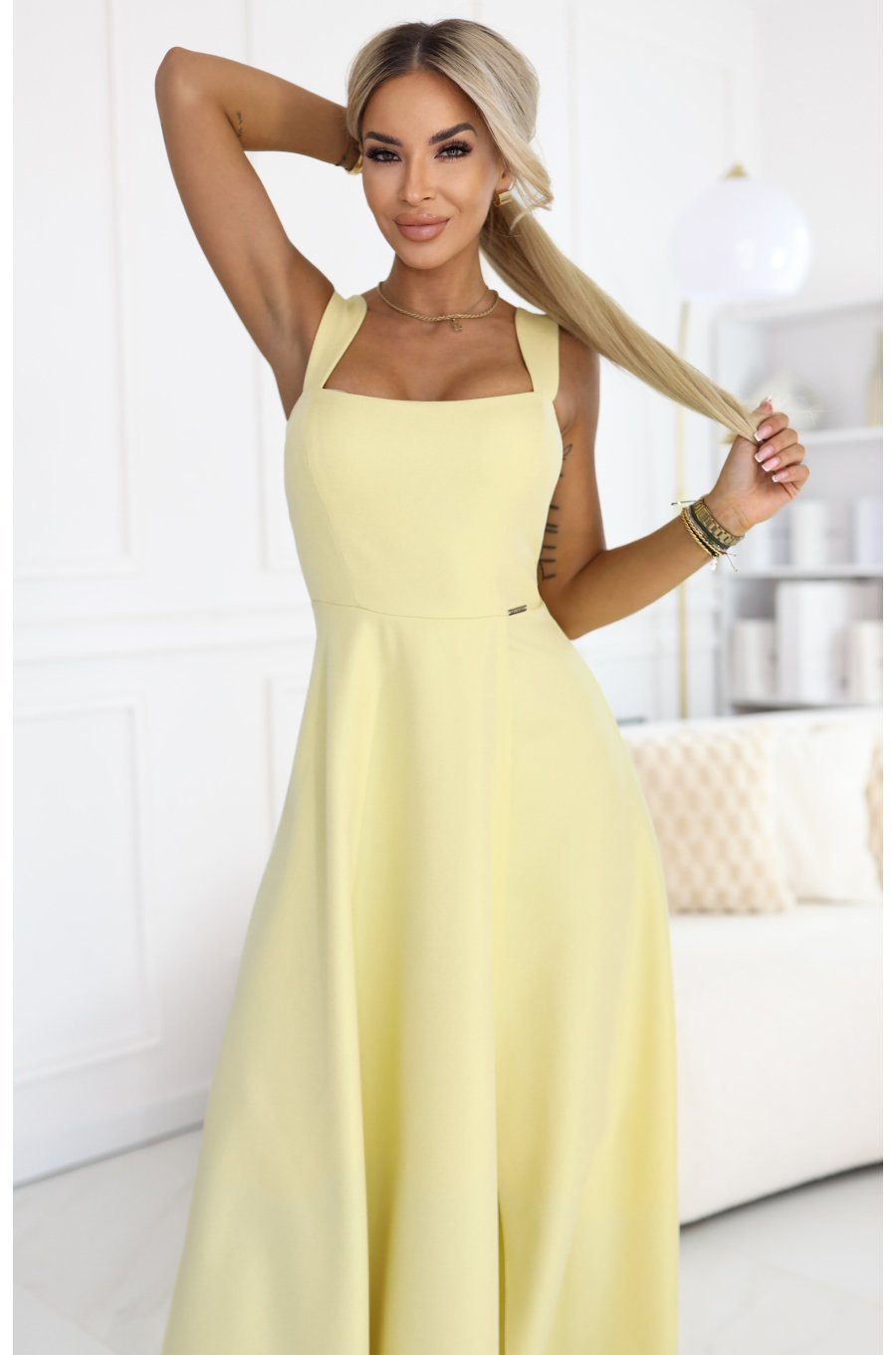 Rochie galbena eleganta lunga din brocart evazata AureliaN 5 - jojofashion.ro