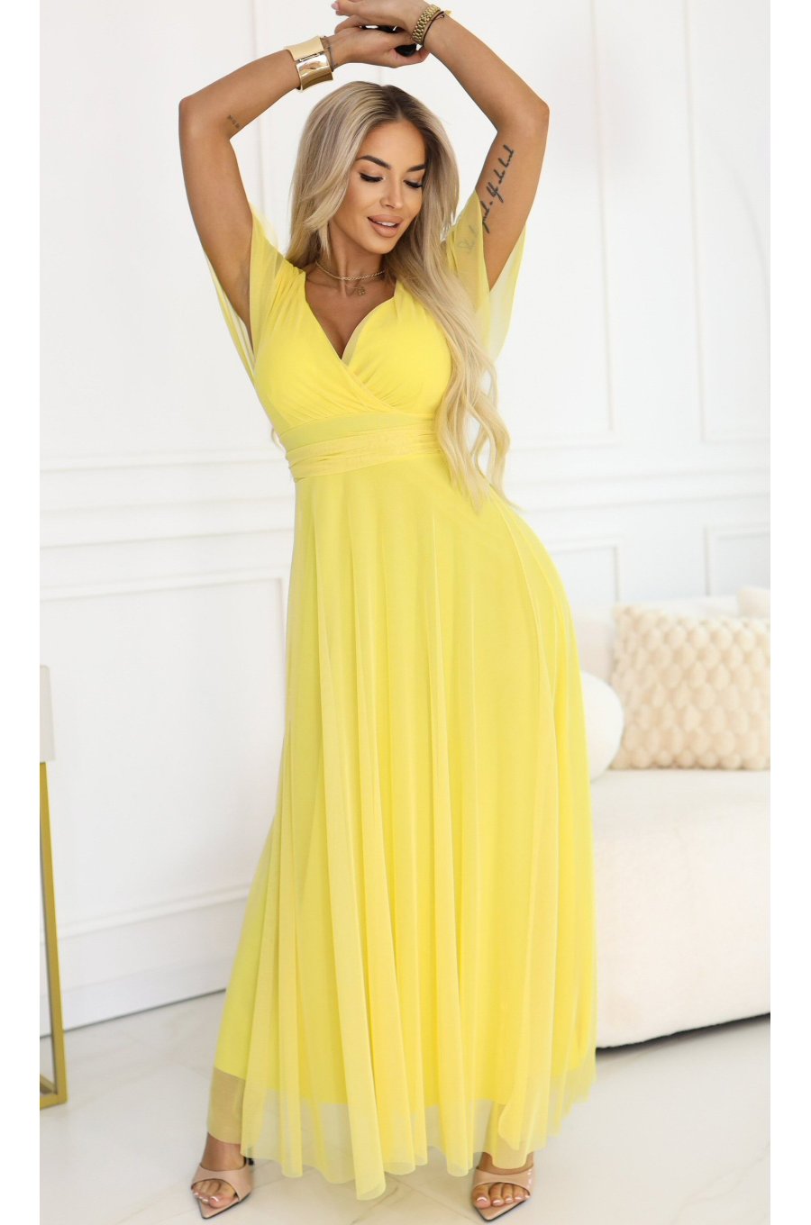 Rochie galbena eleganta lunga din tulle vapoaroasa NastiaN 1 - jojofashion.ro