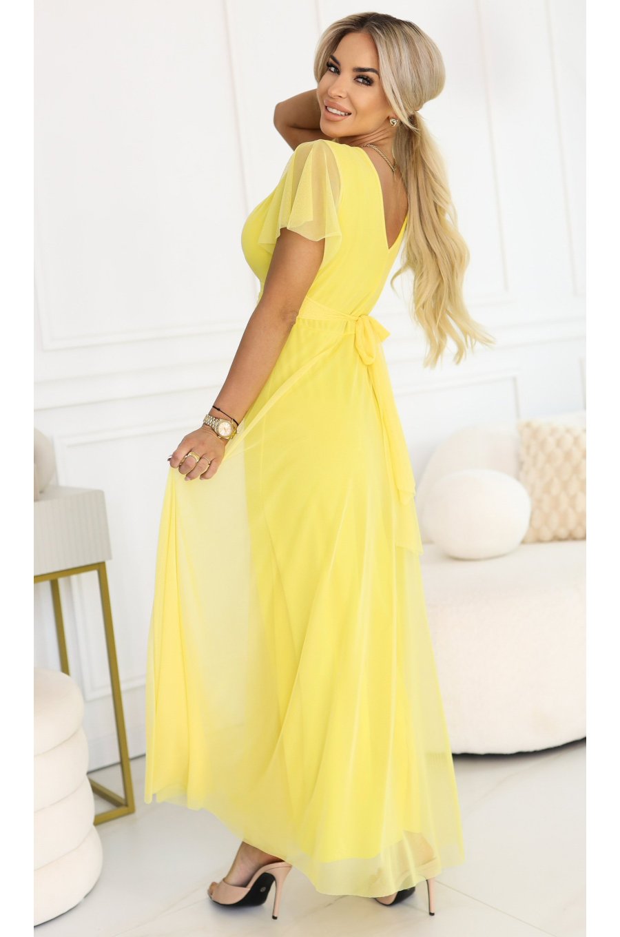 Rochie galbena eleganta lunga din tulle vapoaroasa NastiaN 2 - jojofashion.ro