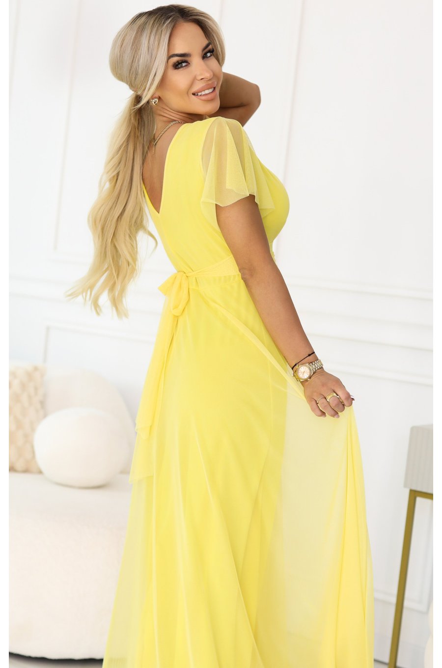 Rochie galbena eleganta lunga din tulle vapoaroasa NastiaN 4 - jojofashion.ro