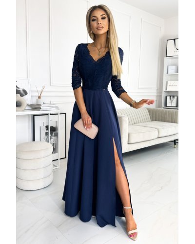 Rochie lunga cu dantela pe bust, bleumarin, cu maneca trei sferturi, Allegria Rochie lunga cu dantela pe bust, bleumarin, cu maneca trei sferturi, Allegria - jojofashion.ro