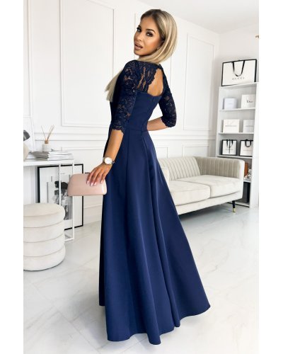 Rochie lunga cu dantela pe bust, bleumarin, cu maneca trei sferturi, Allegria Rochii de Ocazie Elegante, Rochie lunga cu dantela pe bust, bleumarin, cu maneca trei sferturi, Allegria - jojofashion.ro