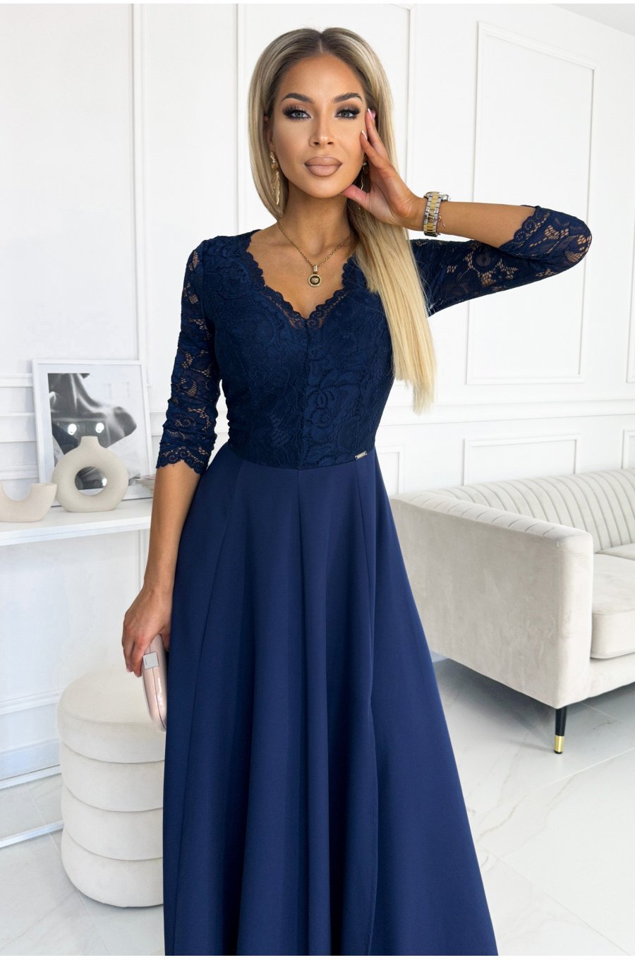 Rochie lunga cu dantela pe bust, bleumarin, cu maneca trei sferturi, Allegria 3 - jojofashion.ro