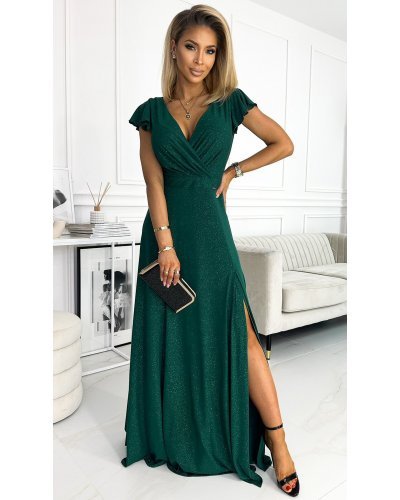 Rochie lunga verde din glitter petrecuta crapata pe picior Cristaliza Rochii lungi, Rochie lunga verde din glitter petrecuta crapata pe picior Cristaliza - jojofashion.ro