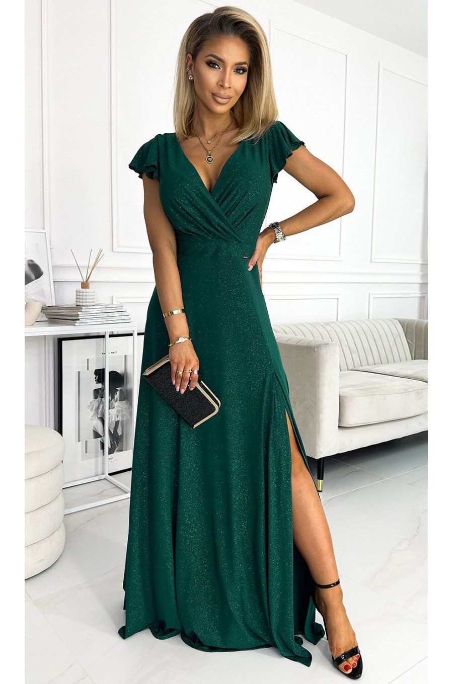 Rochie lunga verde din glitter petrecuta crapata pe picior Cristaliza 1 - jojofashion.ro