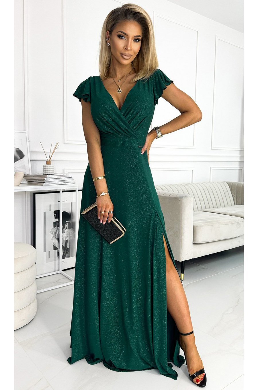 Rochie lunga din glitter verde, petrecuta, crapata pe picior, Cristaliza 1 - jojofashion.ro