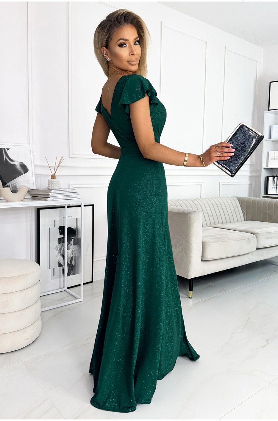 Rochie lunga verde din glitter petrecuta crapata pe picior Cristaliza 2 - jojofashion.ro