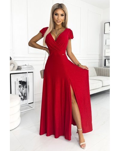 Rochie lunga rosie din glittter petrecuta crapata pe picior Cristaliza Rochii lungi, Rochie lunga rosie din glittter petrecuta crapata pe picior Cristaliza - jojofashion.ro