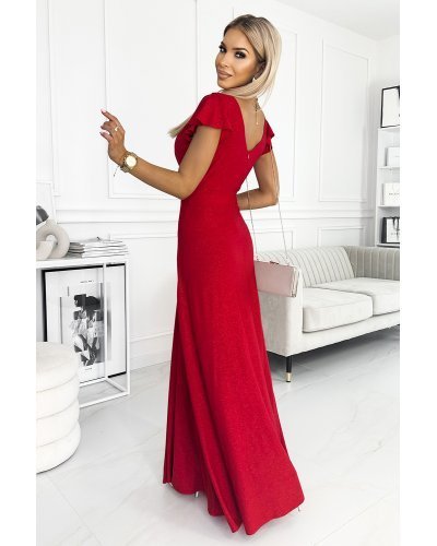 Rochie lunga rosie din glittter petrecuta crapata pe picior Cristaliza Rochii lungi, Rochie lunga rosie din glittter petrecuta crapata pe picior Cristaliza - jojofashion.ro