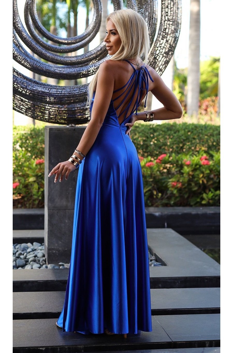 Rochie lunga albastra din satin cu bretele pe spate Arianthe 2 - jojofashion.ro