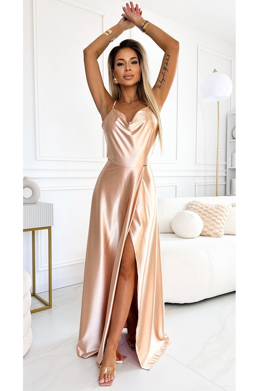 Rochie lunga din satin bej cu bretele pe spate Arianthe 1 - jojofashion.ro