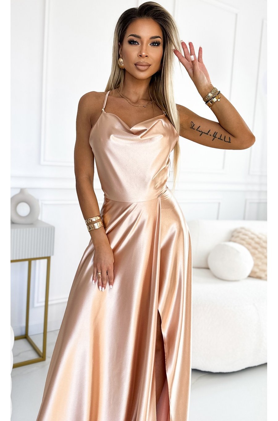 Rochie lunga din satin bej cu bretele pe spate Arianthe 3 - jojofashion.ro