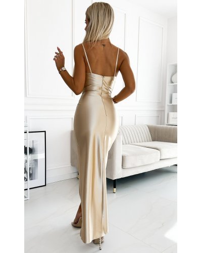 Rochie lunga din satin bej mulata crapata pe picior Caressa Rochii de Ocazie Elegante, Rochie lunga din satin bej mulata crapata pe picior Caressa - jojofashion.ro