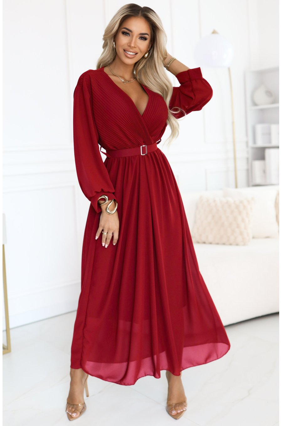 Rochie lunga din vascoza burgundy cu maneca lunga vaporoasa Avani  Rochie lunga din vascoza burgundy cu maneca lunga vaporoasa Avani  1 - jojofashion.ro