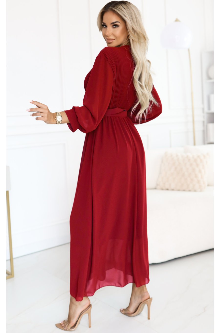 Rochie lunga din vascoza burgundy cu maneca lunga vaporoasa Avani  Rochie lunga din vascoza burgundy cu maneca lunga vaporoasa Avani  2 - jojofashion.ro