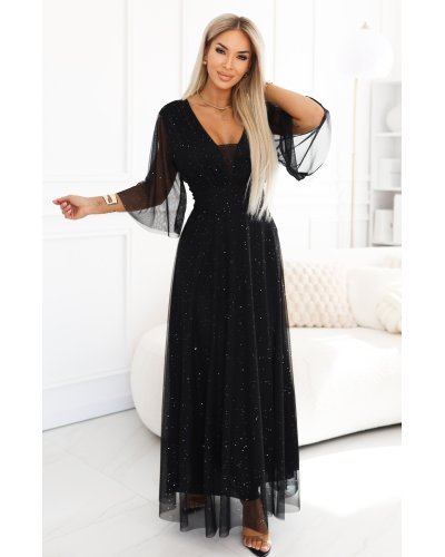 Rochii de nunta, Rochie lunga neagra din brocard cu maneca larga vaporoasa SplendidN - jojofashion.ro