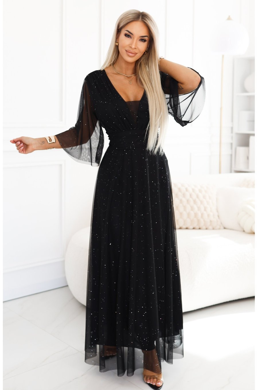 Rochie lunga neagra din brocard cu maneca larga vaporoasa SplendidN 1 - jojofashion.ro