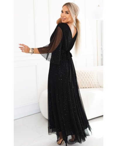 Rochii de nunta, Rochie lunga neagra din brocard cu maneca larga vaporoasa SplendidN - jojofashion.ro