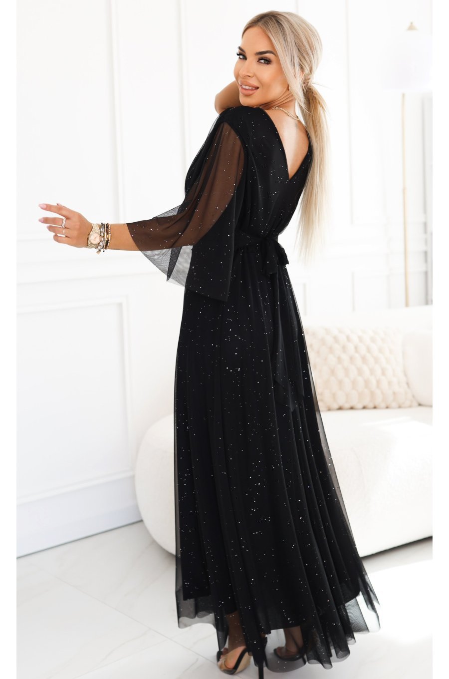 Rochie lunga neagra din brocard cu maneca larga vaporoasa SplendidN 2 - jojofashion.ro