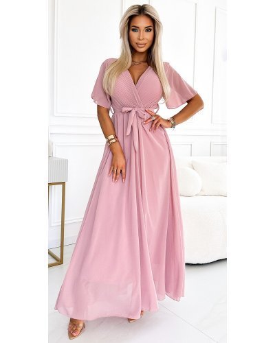 Rochie lunga roz prafuit, cu bustul plisat, vaporoasa, petrecuta, Munisse Rochii lungi, Rochie lunga roz prafuit, cu bustul plisat, vaporoasa, petrecuta, Munisse - jojofashion.ro
