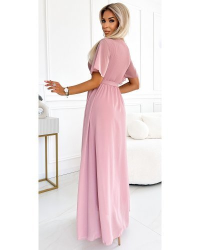 Rochie lunga roz prafuit, cu bustul plisat, vaporoasa, petrecuta, Munisse Rochii lungi, Rochie lunga roz prafuit, cu bustul plisat, vaporoasa, petrecuta, Munisse - jojofashion.ro