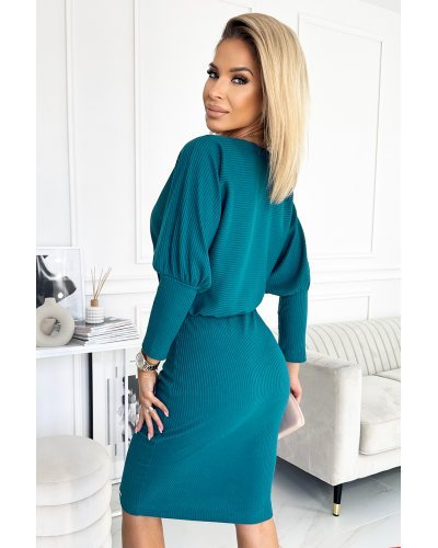 Rochie tricotata midi, din acryl, albastra, mulata, cu maneca lunga, Kamari Rochii de zi, Rochie tricotata midi, din acryl, albastra, mulata, cu maneca lunga, Kamari - jojofashion.ro