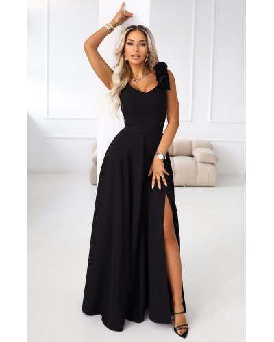 Rochii de Ocazie Elegante, Rochie neagra eleganta lunga cu floare pe bust MoniqueW - jojofashion.ro
