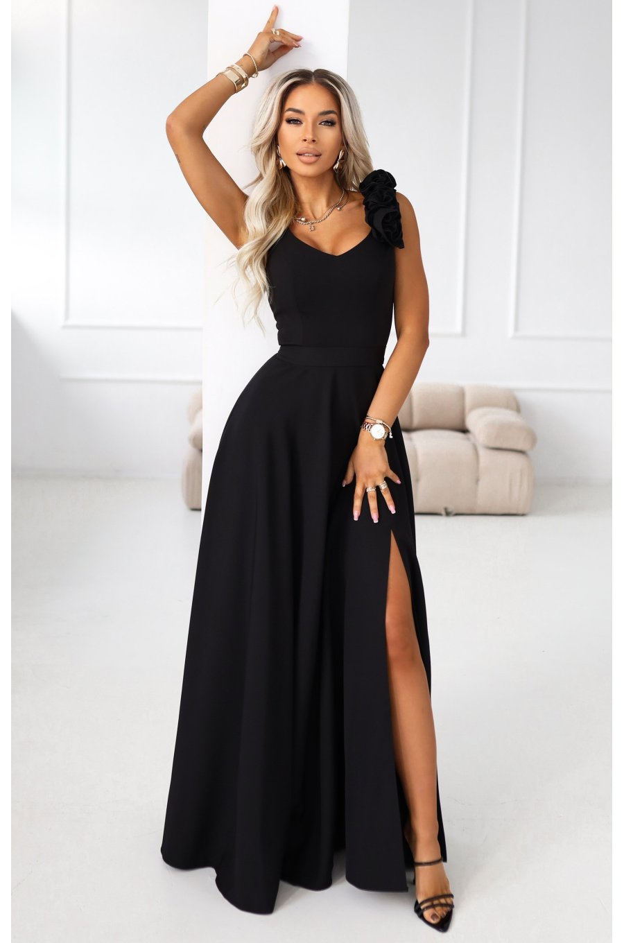 Rochie neagra eleganta lunga cu floare pe bust MoniqueW 1 - jojofashion.ro
