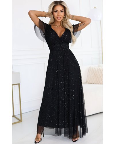Rochii, Rochie neagra eleganta lunga din brocard vaporoasa Rusalka - jojofashion.ro