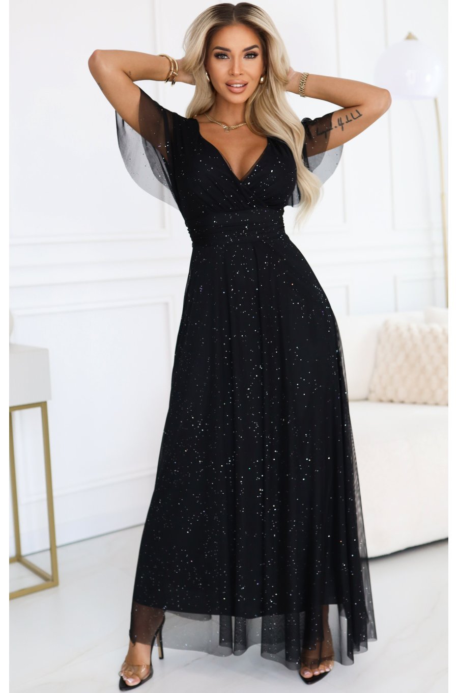 Rochie neagra eleganta lunga din brocard vaporoasa Rusalka 1 - jojofashion.ro