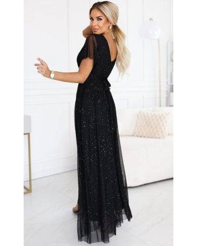 Rochii, Rochie neagra eleganta lunga din brocard vaporoasa Rusalka - jojofashion.ro