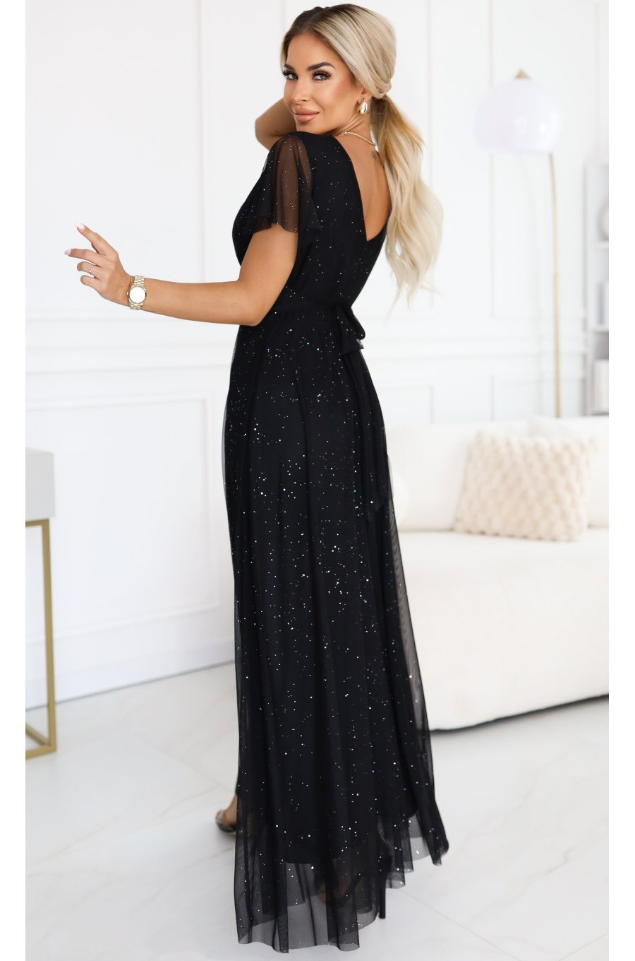 Rochie neagra eleganta lunga din brocard vaporoasa Rusalka 2 - jojofashion.ro