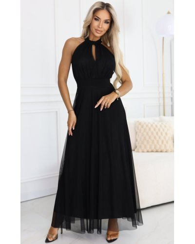 Rochii de Ocazie Elegante, Rochie neagra eleganta lunga din tulle vaporoasa Selline - jojofashion.ro