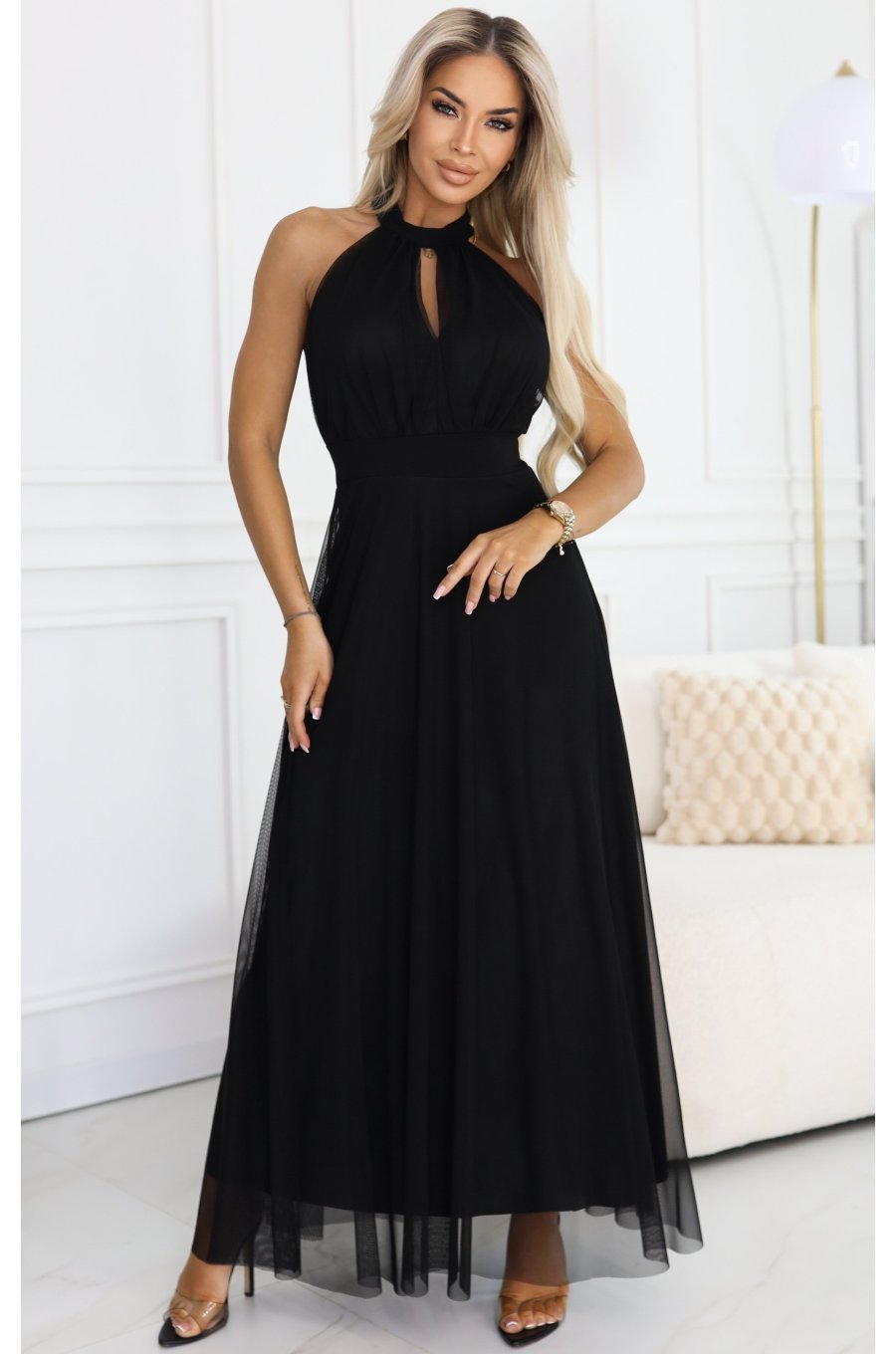 Rochie neagra eleganta lunga din tulle vaporoasa Selline 1 - jojofashion.ro