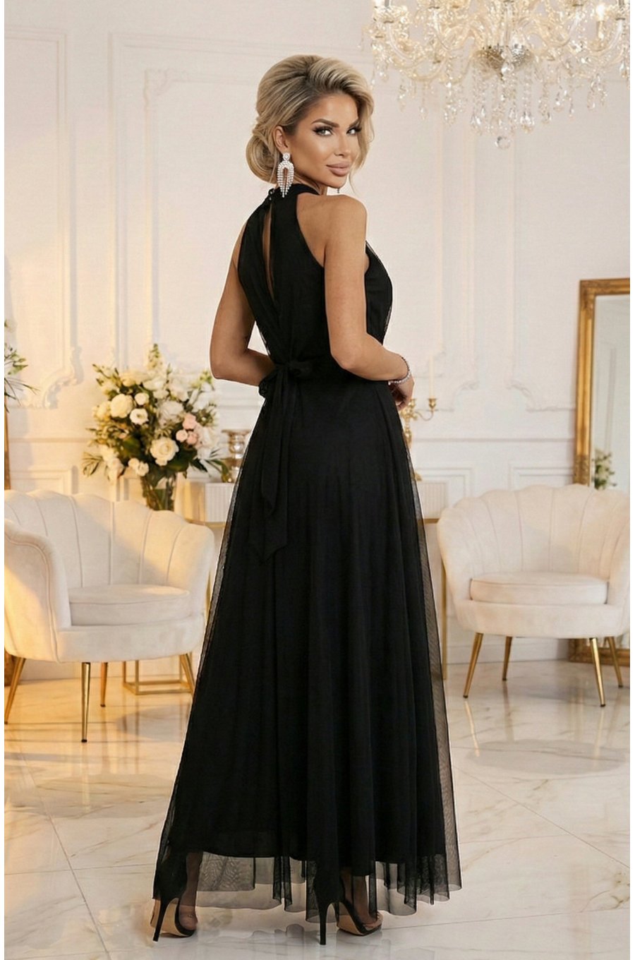 Rochie neagra eleganta lunga din tulle vaporoasa Selline 3 - jojofashion.ro