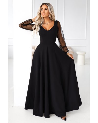 Rochii vaporoase, Rochie neagra lunga clasica cu maneca lunga vaporoasa Lorretta - jojofashion.ro