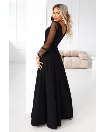 Rochii vaporoase, Rochie neagra lunga clasica cu maneca lunga vaporoasa Lorretta - jojofashion.ro