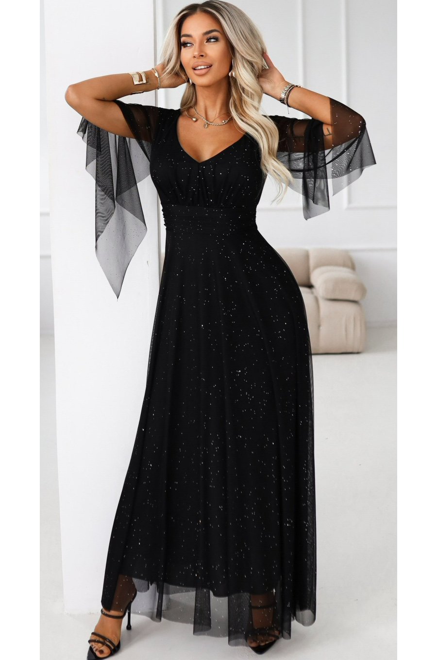 Rochie neagra lunga din brocard vaporoasa cu maneca lunga SheenyN 1 - jojofashion.ro