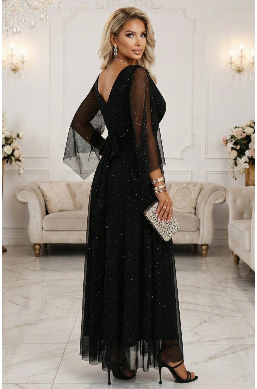 Rochie neagra lunga din brocard vaporoasa cu maneca lunga SheenyN 4 - jojofashion.ro